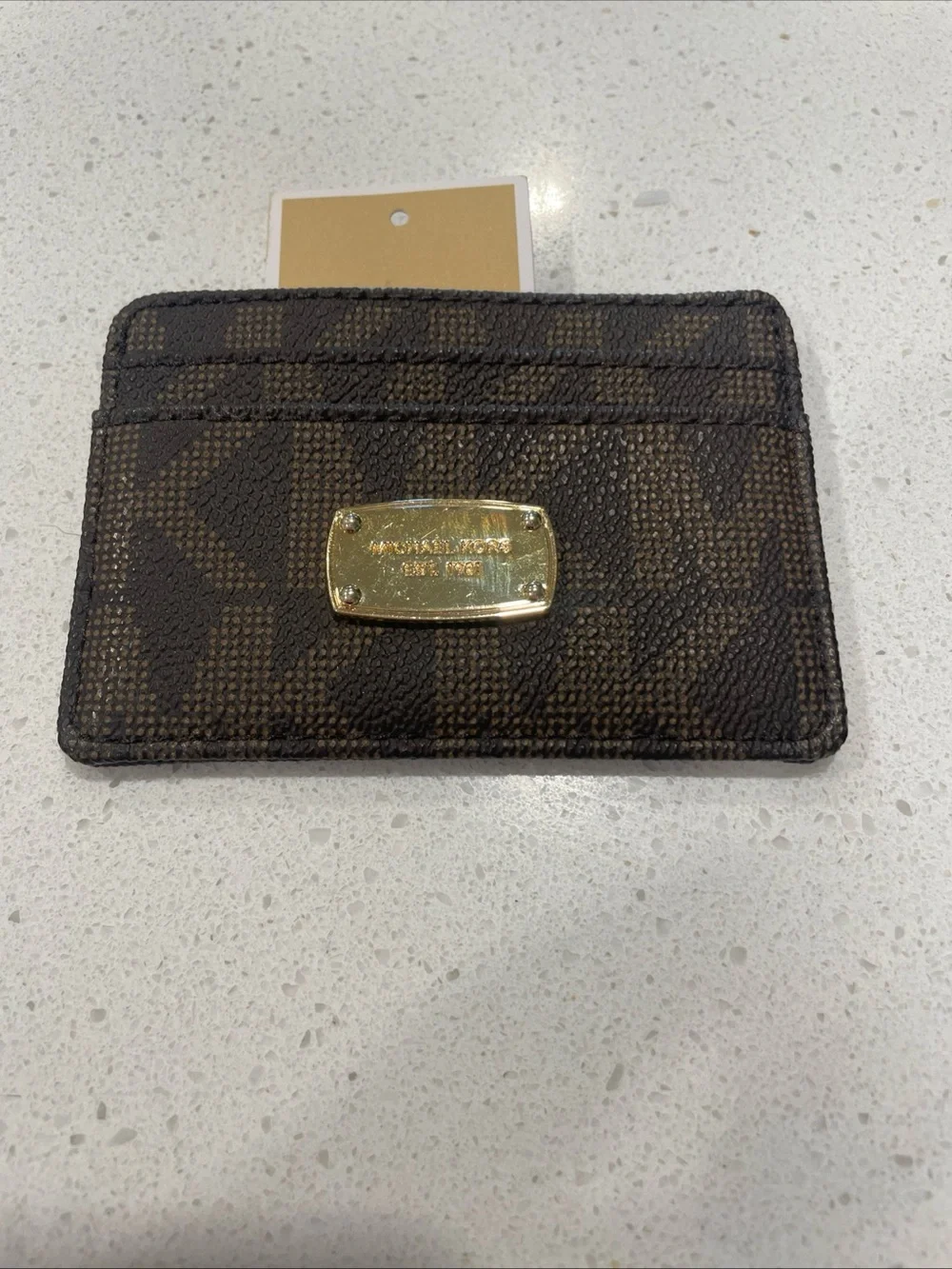 MICHAEL Michael Kors Brown Monogram Card Holder with Gold Plaque